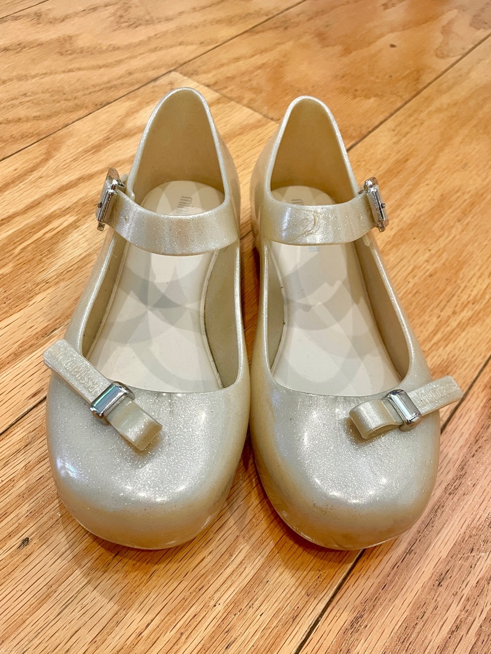 Mini Melissa Girls' Glittery Gold Bow Flats With Silver Buckles